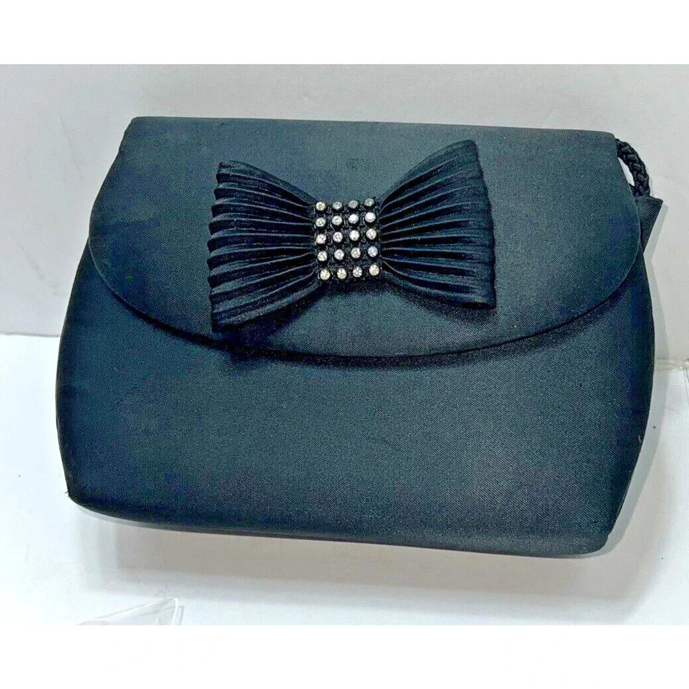 VTG. BLACK SATIN RHINESTONES Evening Bag Clutch Shoulder Bag